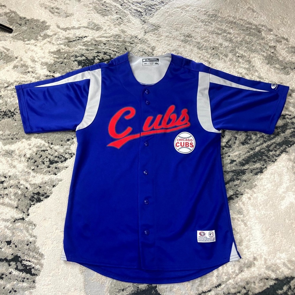 Chicago Cubs Jersey Mens M Blue True Fan Baseball MLB Spellout Logo Button-Up‎